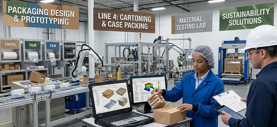 Packaging engineer evaluating sustainable packaging designs and prototype materials while collaborating in a modern packaging development and testing facility.