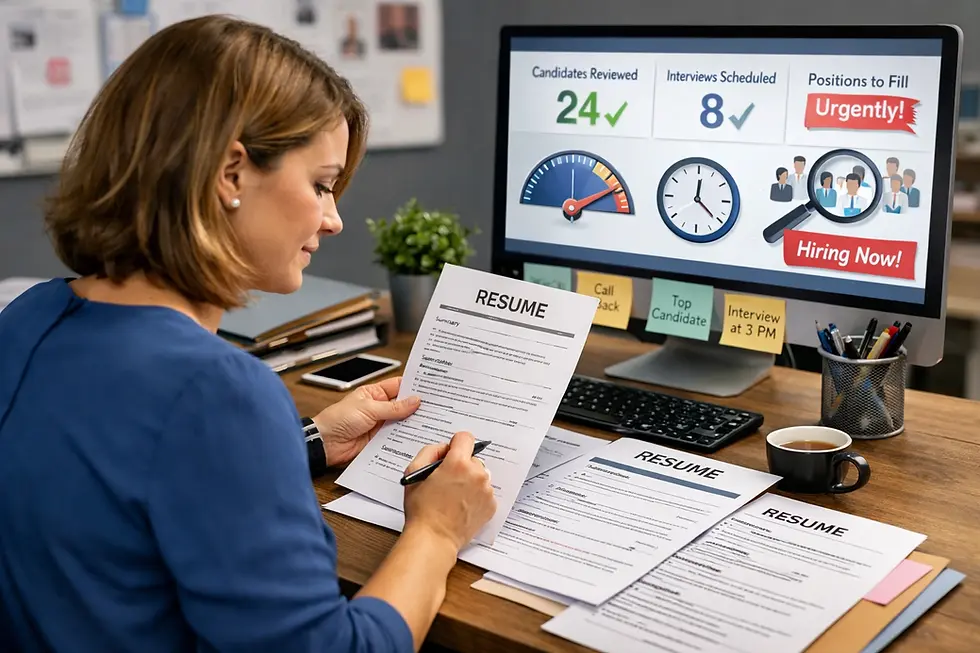Woman reviews resumes at a desk with a computer screen showing hiring stats: "Candidates Reviewed: 24," "Interviews Scheduled: 8."