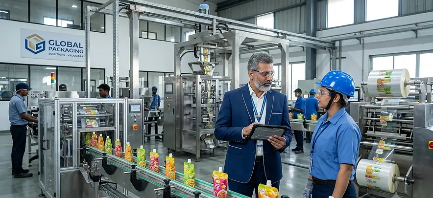 Packaging manager discussing line performance with an operator beside an automated pouch packaging machine in a modern manufacturing facility.