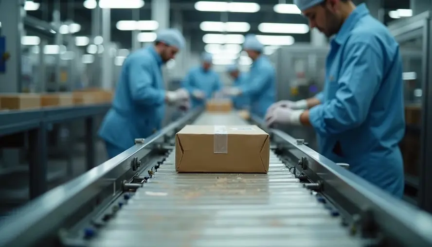 Workers in blue uniforms package a taped cardboard box on a conveyor in a bright factory, focused and orderly.