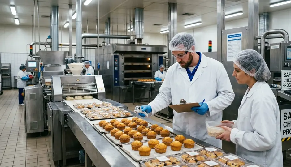 Two people in lab coats inspect trays of muffins in a large industrial bakery. One holds a clipboard, the other a container. Bright, clean setting.