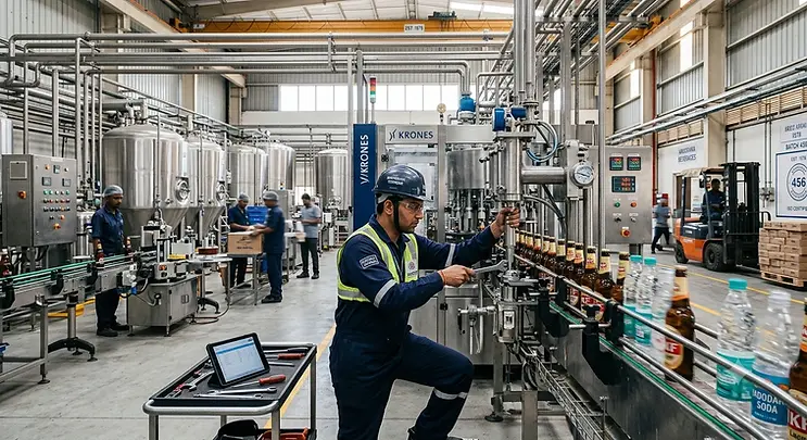 Maintenance mechanic performing diagnostics and adjustments on a production line to ensure efficient operation and minimize equipment downtime.