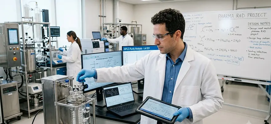 R&D Engineer testing pharmaceutical formulations and monitoring laboratory equipment during drug development.