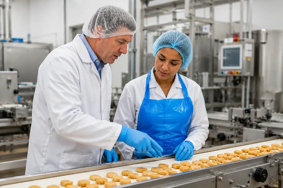 Two food factory workers in hairnets inspect nuggets on a conveyor belt in a clean stainless-steel production line.