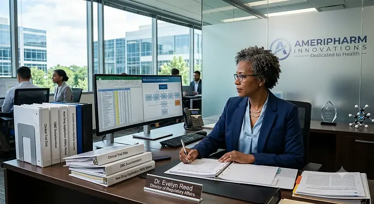 Director of Regulatory Affairs reviewing clinical and regulatory documentation while monitoring compliance activities in a pharmaceutical office.