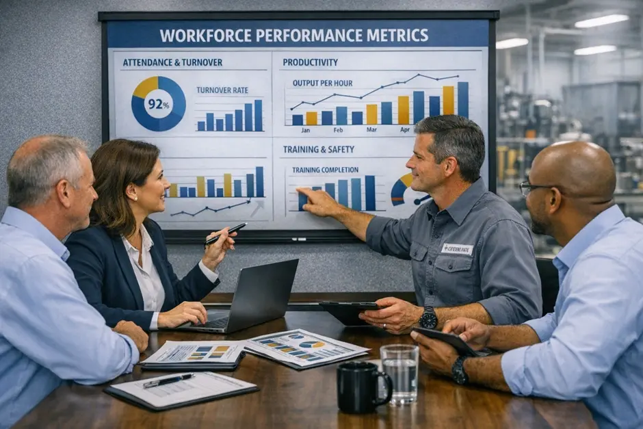 Four people in a meeting room discuss data on a screen titled "Workforce Performance Metrics" showing charts and graphs. Mood is focused.