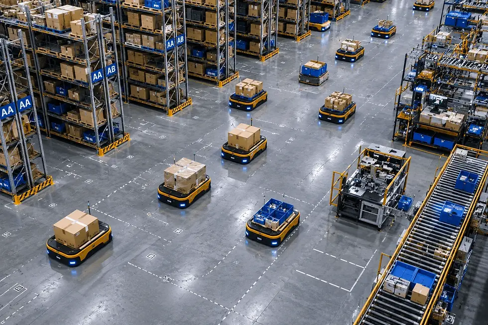 Autonomous warehouse robots carry cardboard boxes past tall racks labeled AA and AB in a bright, organized fulfillment center.