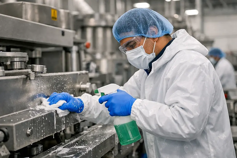 Worker in white protective gear cleans a metal machine with a spray bottle and cloth in an industrial setting. Blue gloves, focused mood.