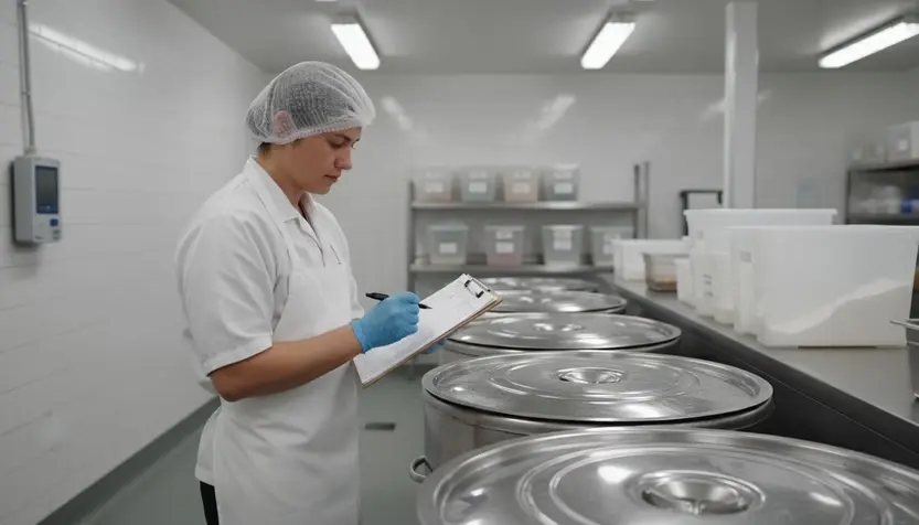 Worker in white coat and hairnet records notes beside large metal vats in a clean industrial kitchen, focused and calm.