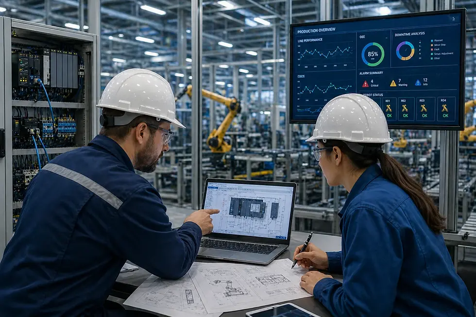 Two engineers in hard hats examine technical blueprints on a laptop in an industrial setting. Screens display production data and charts.