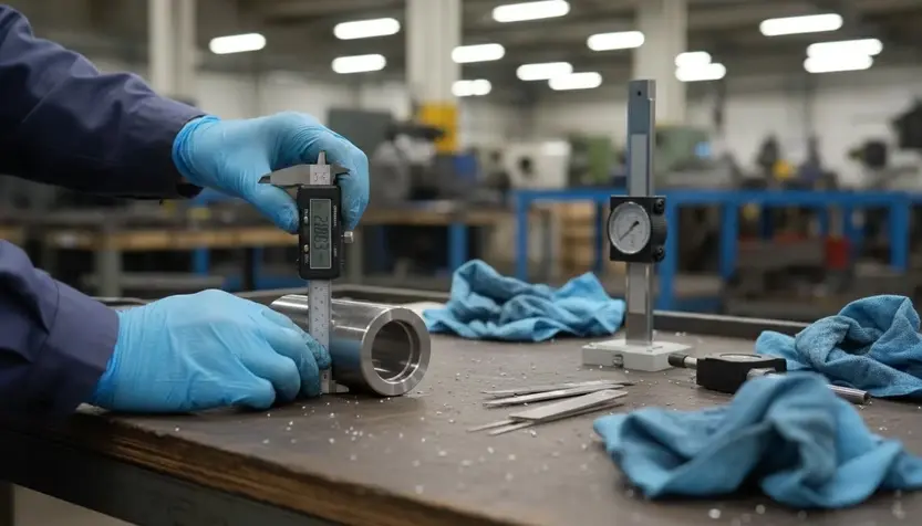 Gloved worker measures a metal cylinder with a digital caliper on a factory bench, with gauge, tools, and blue cloths nearby.