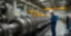 Workers inspect a large turbine rotor in a bright industrial factory, one using a handheld device; safety signs nearby.