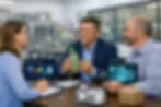 Three people in a meeting room discuss a green bottle. Laptops display AI analysis graphs. Background shows a modern industrial setting.