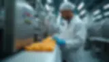 Worker in a white coat and hairnet inspects oranges on a conveyor belt in a factory setting, wearing blue gloves. Industrial machinery in background.