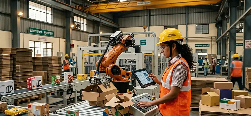 Packaging engineer monitoring an automated robotic packaging line with a tablet in a modern manufacturing facility.