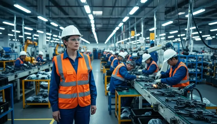Woman in hard hat and orange vest stands in a busy factory while workers assemble parts on a conveyor with sparks.