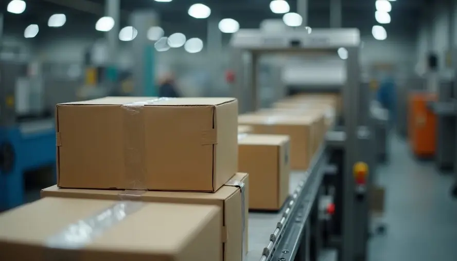 Conveyor belt with brown cardboard boxes in a factory. The setting is industrial with blurred lights and machinery in the background.