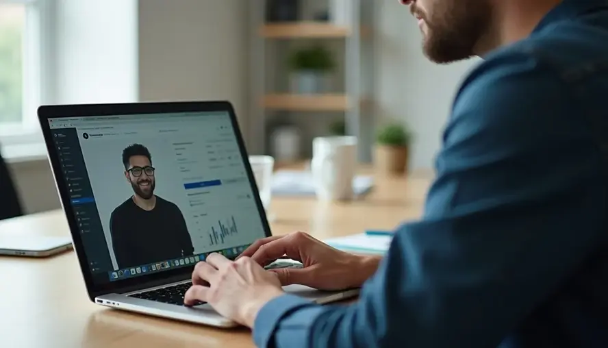 Person typing on a laptop at a desk, engaging in a video call with a smiling man. Bright room with plants in the background.