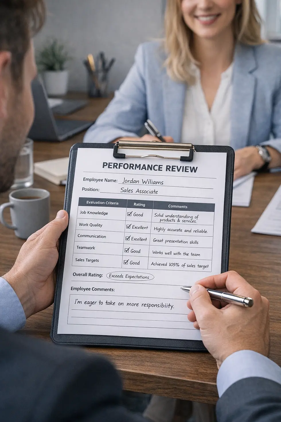 Person holding a clipboard with a performance review. Another person smiles in a blue jacket. Office setting with laptop and plant in view.