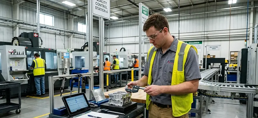 QC technician measuring and inspecting a machined metal component with a digital micrometer at a quality control station in a manufacturing facility.
