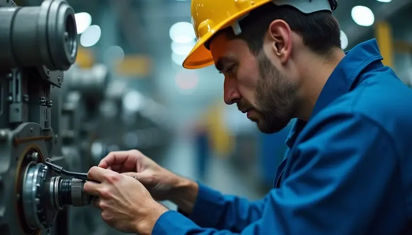 Man in a yellow hard hat and blue work shirt inspecting industrial machinery in a factory, focused and intent.