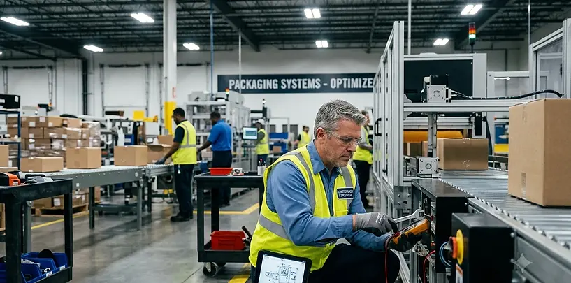 A maintenance supervisor uses diagnostic equipment to inspect an automated packaging conveyor system in a manufacturing facility. 