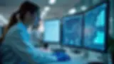 A scientist in a lab coat analyzes graphs on dual monitors in a lab. The screens display charts and data, creating a focused atmosphere.