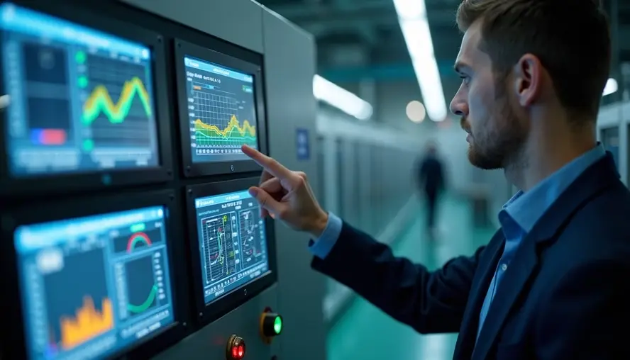 Man in a server room points at glowing monitors with data graphs, checking system dashboards under cool blue light.