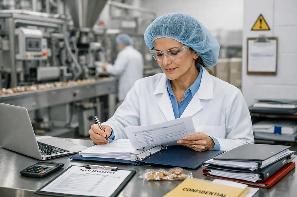 Woman in lab coat and hairnet reviewing documents in a factory setting. Audit checklist, laptop, folders, and snacks on table.