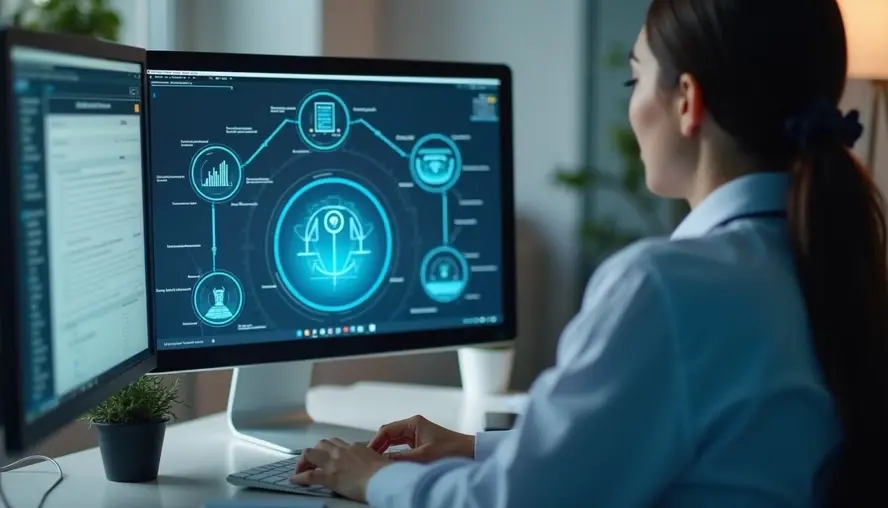 Woman in a white shirt works at dual monitors showing a blue tech dashboard with icons and charts in a modern office.