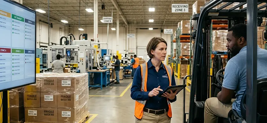 Logistics Manager coordinating warehouse operations and shipment activities, using a tablet to track inventory movement and communicate with a forklift operator in a distribution centre.
