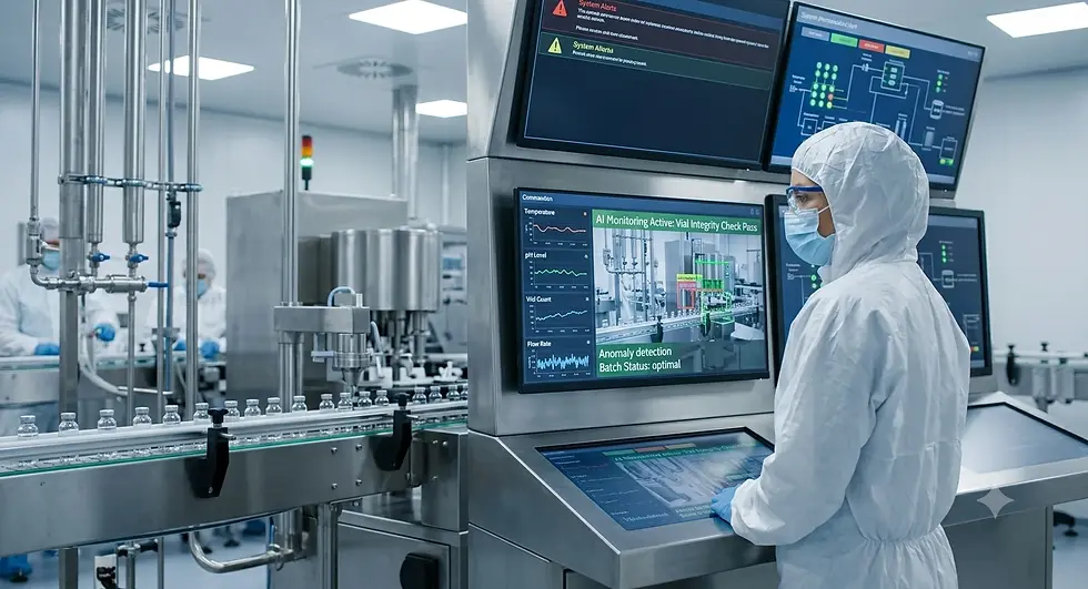 Technician in white cleanroom suit monitors AI screens beside a vial production line; alerts and batch status shown.