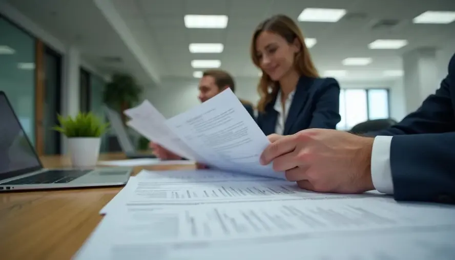 People in suits review documents at a conference table. A laptop and plant are visible. Office setting with bright lighting.