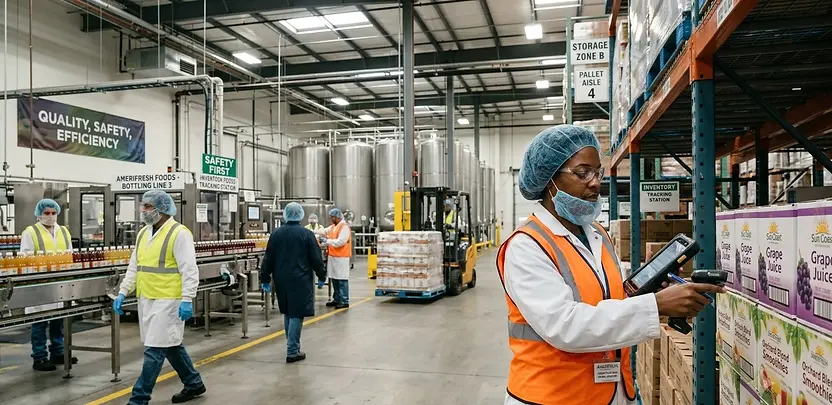 Inventory Manager scanning and verifying product inventory on warehouse shelving using a handheld barcode scanner and tablet in a food production and storage facility.