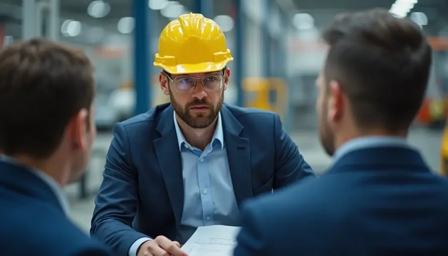 A man in a yellow hard hat and suit discusses papers with two others in a factory setting, appearing serious and focused.