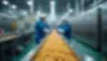 Workers in blue uniforms inspect yellow pellets on a factory conveyor in a bright industrial plant.