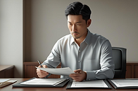 man sitting at a desk looking at court papers