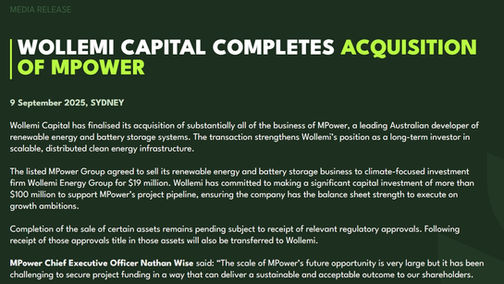 Wollemi Capital completes acquisition of MPower