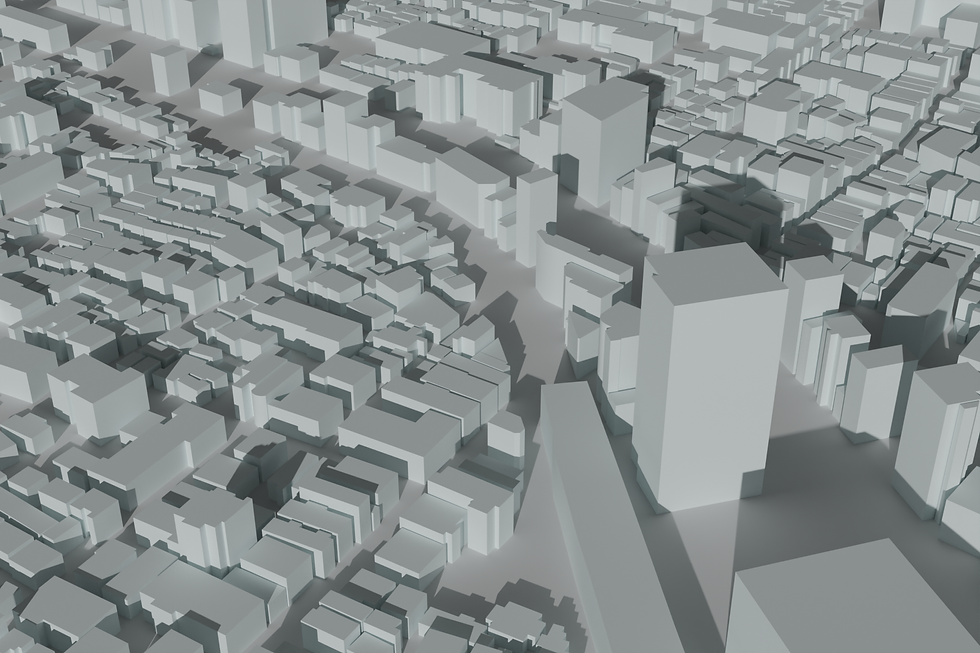 案件の完成模型をイメージした白色のビルや建物の3D都市モデル