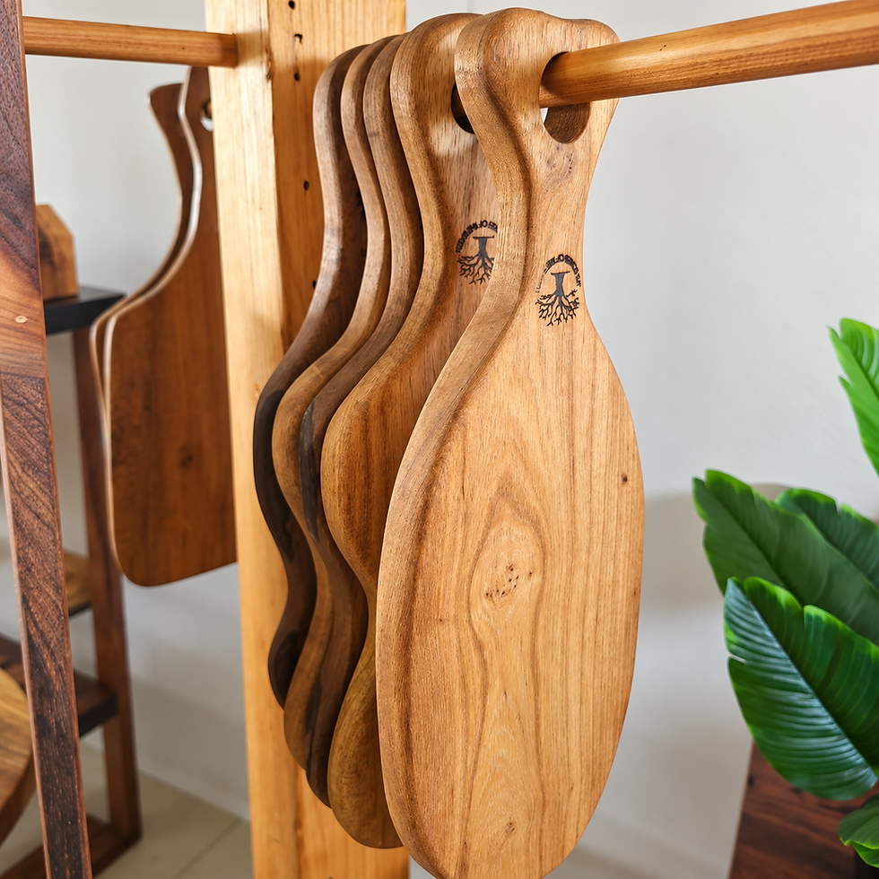 Handcrafted wooden boards on display