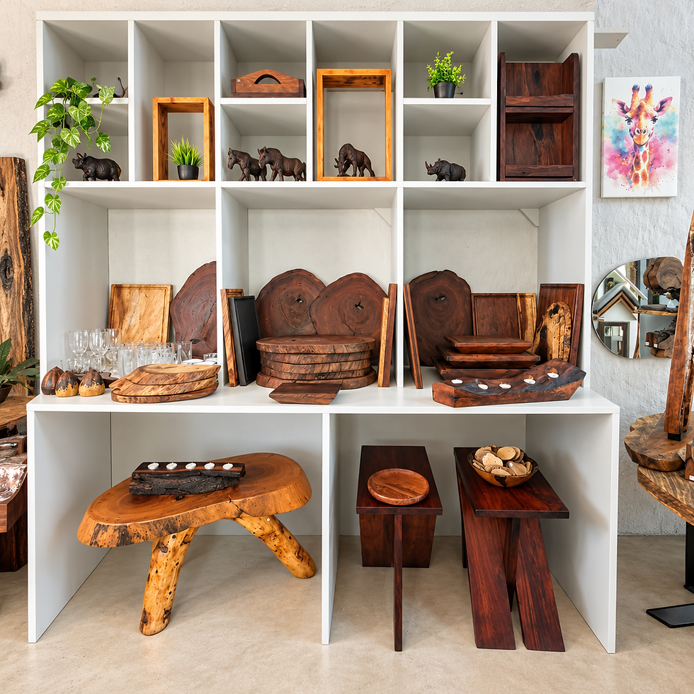 Rustic showroom shelving and live-edge accents