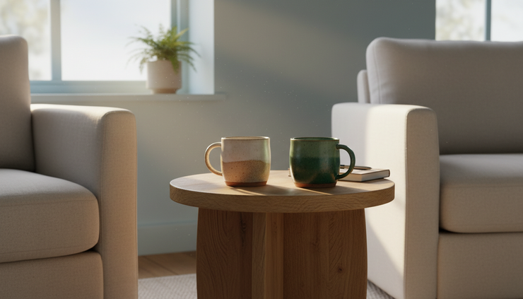 Close-up view of two mugs on a small table.