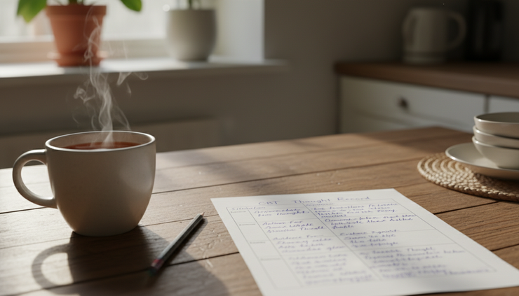 Eye-level view of a handwritten thought record on a kitchen table.
