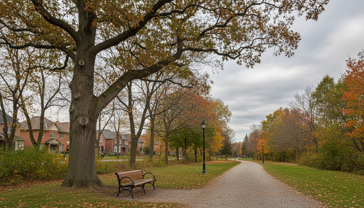 Wide-angle view of a public park bench near a quiet walking path