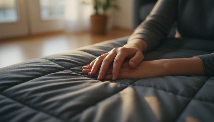 Close-up of two hands resting calmly on a weighted blanket.