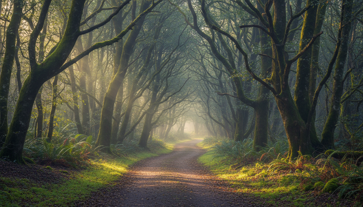 Wide-angle view of a quiet forest path in soft morning light