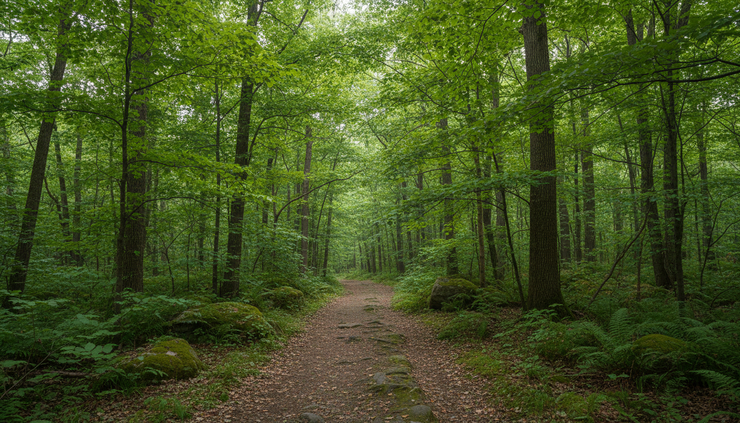 Wide-angle view of a quiet walking path through trees.