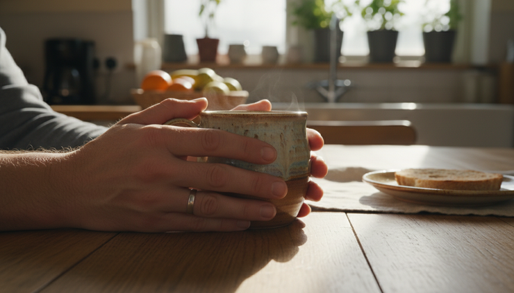 Close-up view of two hands holding a warm mug.