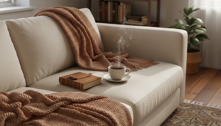 Overhead view of a blanket, book, and cup of tea on a sofa.