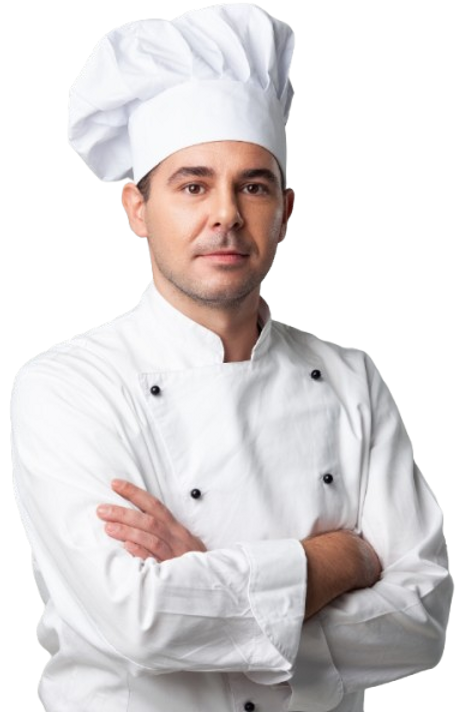 Chef with arms crossed, wearing white uniform and hat, looking at camera.
